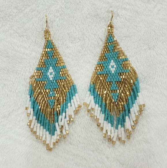 404- Beaded Earrings, long Beaded Dangle Earrings Native America Style Handmade - Picture 6 of 6